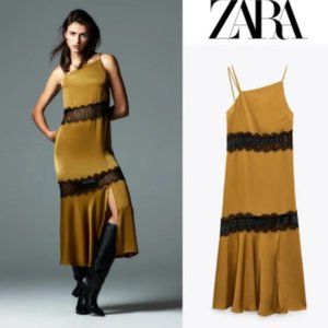 Zara Midi Satin Lace Slip Dress Sz XS, M NWT